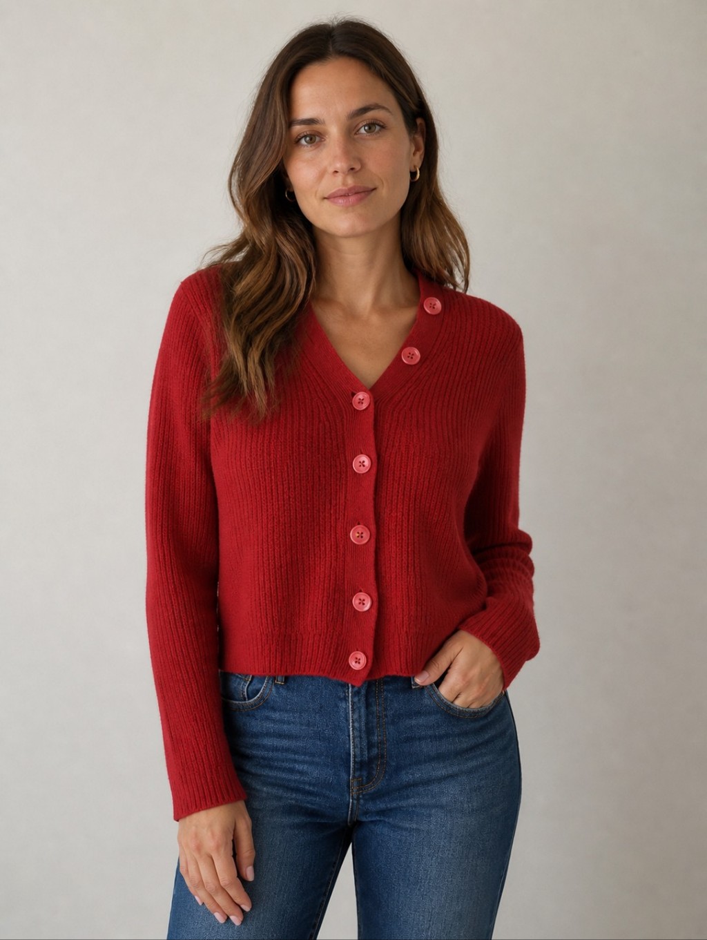 Equipment Femme Red Ribbed Button-Front Cardigan